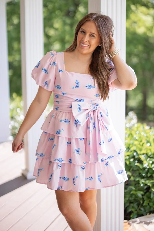 Retro Dresses for Throwback -Bow Perfect Pink Floral Dress