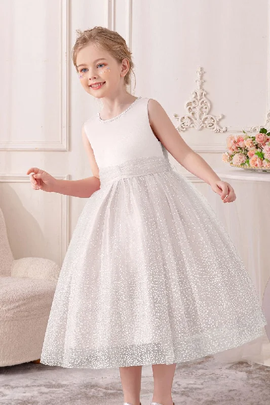 High-waisted Dresses for Flatter -A-Line Scoop Neck Sleeveless Midi Tulle/Sequined Flower Girl Dresses 828722259586