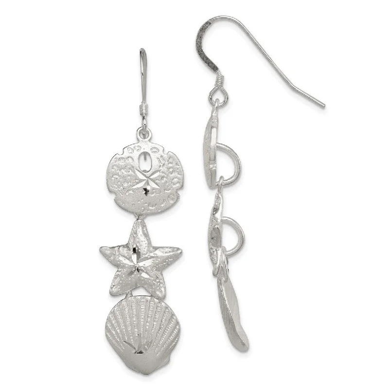 Drop Earrings for Wedding Ceremony -Curata 925 Sterling Silver 58x15mm Satin Shell and Starfish Sea Life Dangle Hook Earrings