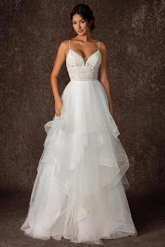 Sleeveless Dresses for Coolness -A-Line Sweep-Brush Train Lace Tulle Wedding Dress 864326962533