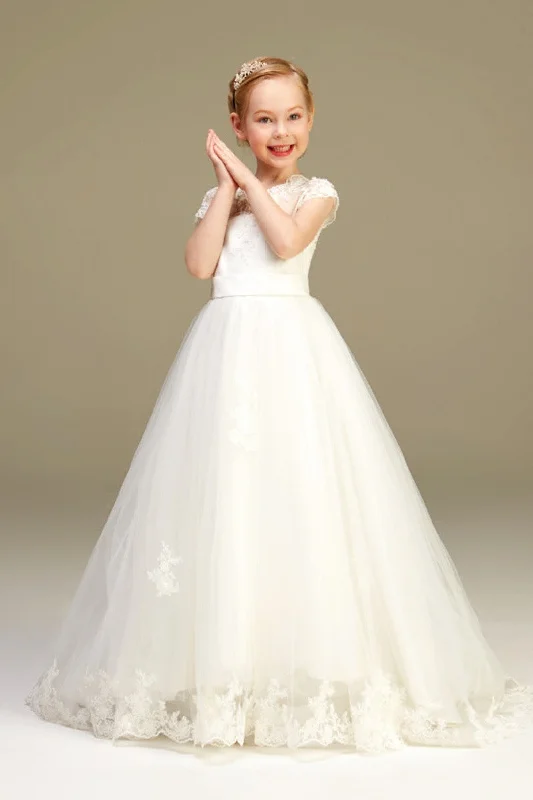 Strapless Dresses for Glamorous -Ball-Gown Illusion Neck Princess Tulle Flower Girl Dresses With Appliques Lace 626723738802