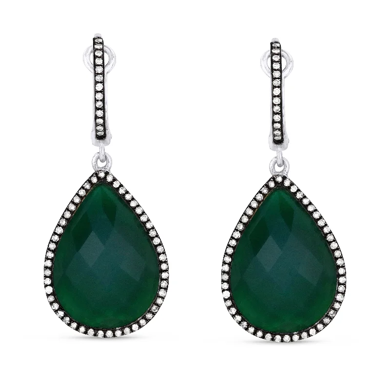 Gemstone Drop Earrings for Color -18" 12.86Ct Green Agate Drop/dangle Earrings In 14K White Gold