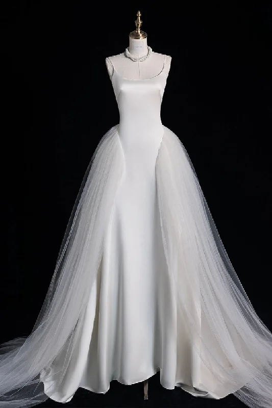 Modern Dresses for Trendy -A-Line Sweep-Brush Train Satin Tulle Wedding Dress 735531201362