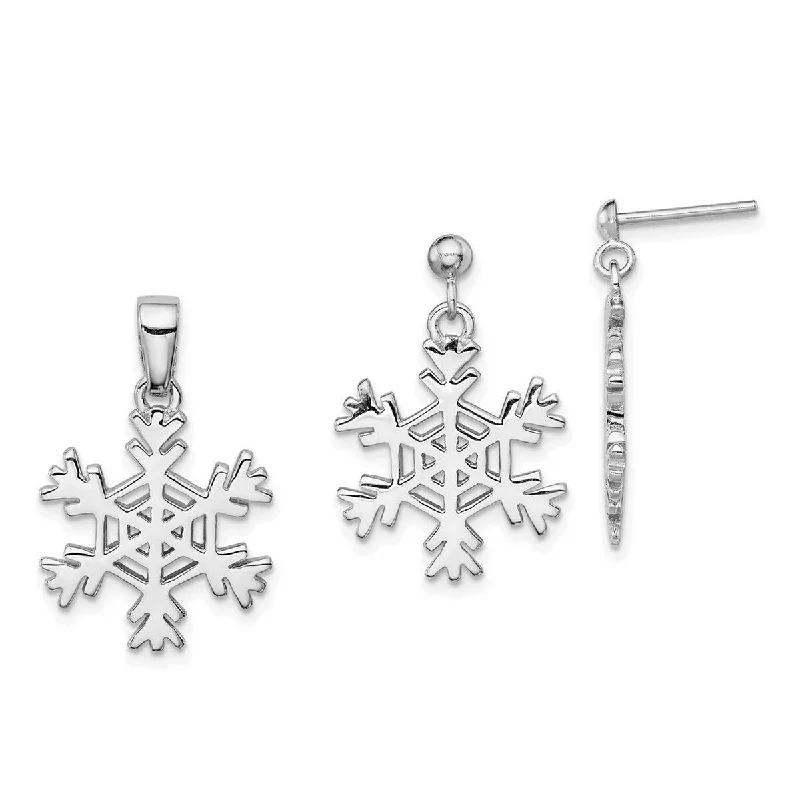 Nickel Free Drop Earrings for Safety -Curata 925 Sterling Silver 24x14mm Snowflake Earrings and Pendant Necklace Set