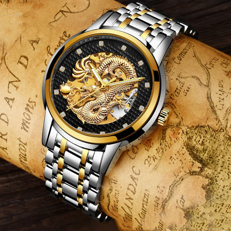 Classic leather strap watches for men with timeless design and durability -Fully Automatic Skeleton Waterproof Luminous Atmospheric Gold Business Dragon Watch