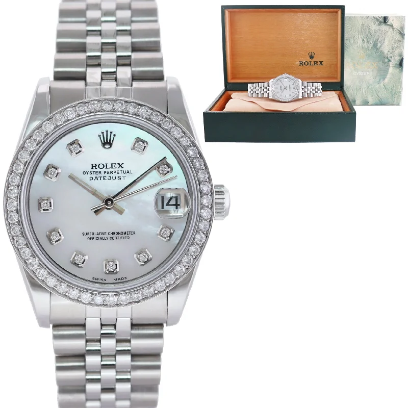 Elegant dress watches for women with leather straps and refined aesthetics -2001 DIAMOND MOP Ladies Rolex Midsize 31mm Datejust Jubilee Steel 78240 Watch Box