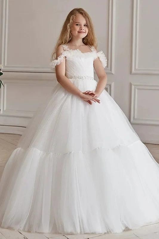 Retro Dresses for Throwback -A-Line Off The Shoulder Neck Tulle Maxi  Flower Girl Dresses 736522892717