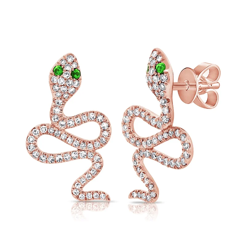 Tarnish Resistant Drop Earrings for Longevity -Joelle Collection Diamond Snake Stud Tsavorite Earrings 14K Gold