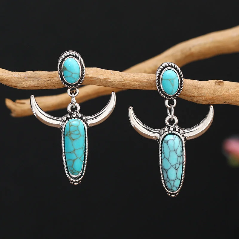 Drop Earrings with Embossed Patterns -Wholesale Silver-plated Turquoise Ox-head-shaped Vintage Earrings