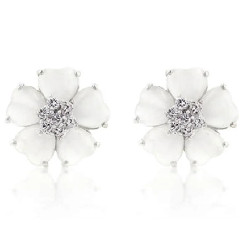 Nickel Free Drop Earrings for Safety -White Elegant White Flower Nouveau Earrings Floral Design Jewelry - 9.8 (mm) X 9 (mm); 3 (mm) X 3 (mm)