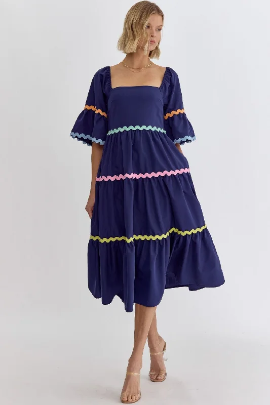 Ruffled Dresses for Girly -Beaming Beauty Navy Midi Dress