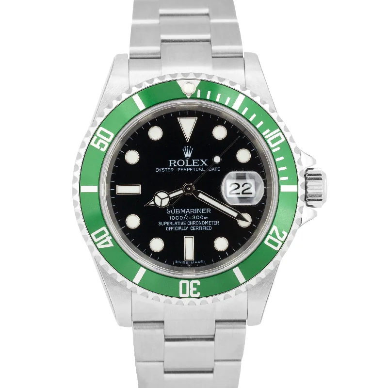 Black dial watches for men with minimalist style and modern appeal -NOS STICKERED Rolex Submariner Date KERMIT Green Steel 40mm 16610 Watch BOX