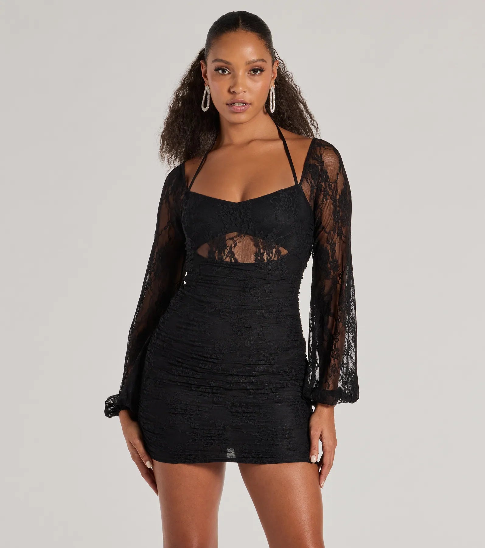 Contemporary Dresses for Fashion -Here To Allure Sheer Lace Long Sleeve Mini Dress