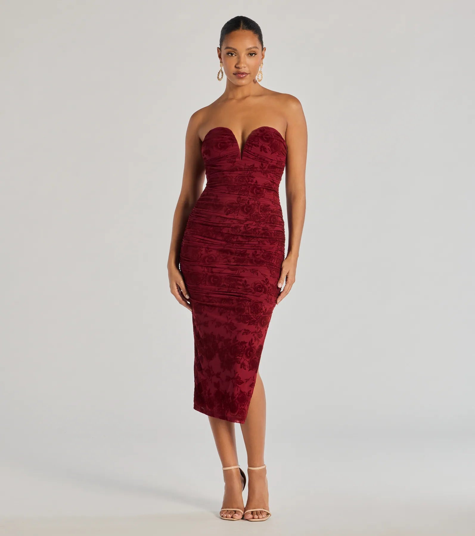 Lace Dresses for Delicate -Destiny Strapless Velvet Mesh Midi Dress