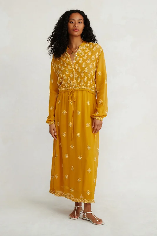 Polyester Dresses for Durable -Singh Embroidered Dress Ochre