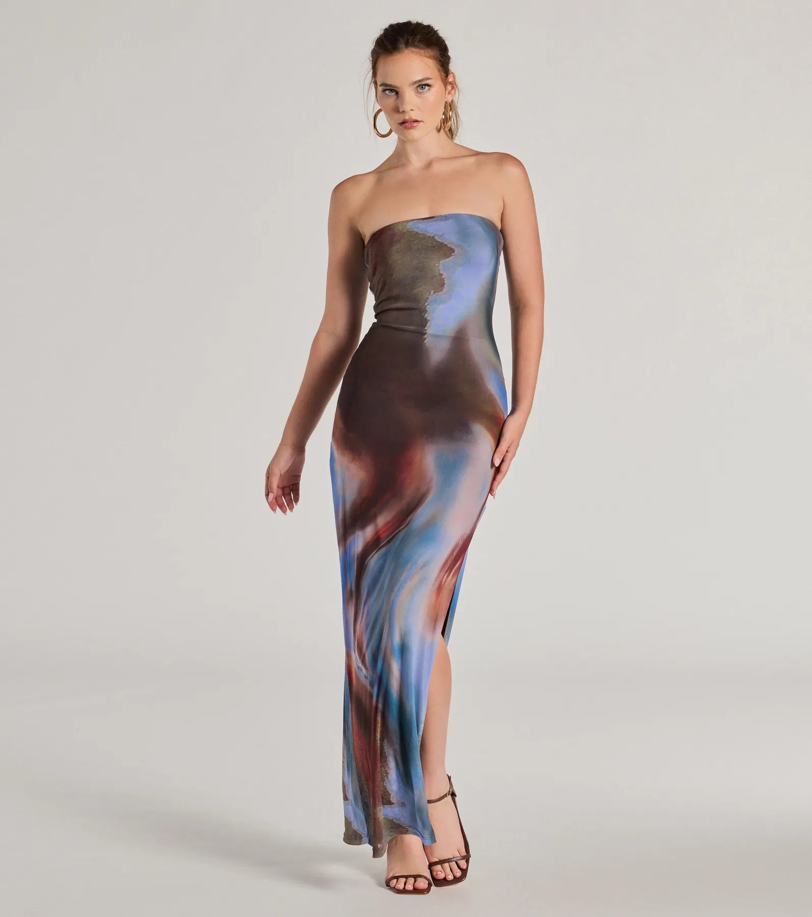 Buttoned Dresses for Stylish -Chic Showstopper Abstract Print Mesh Maxi Dress