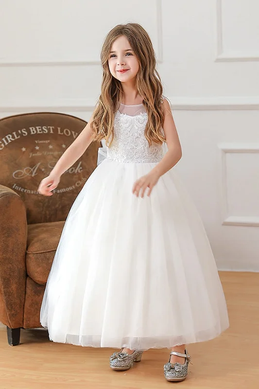 Abstract Dresses for Creative -A-line/Princess Illusion Neck Tea Length Lace Tulle Flower Girl Dress 785081622909