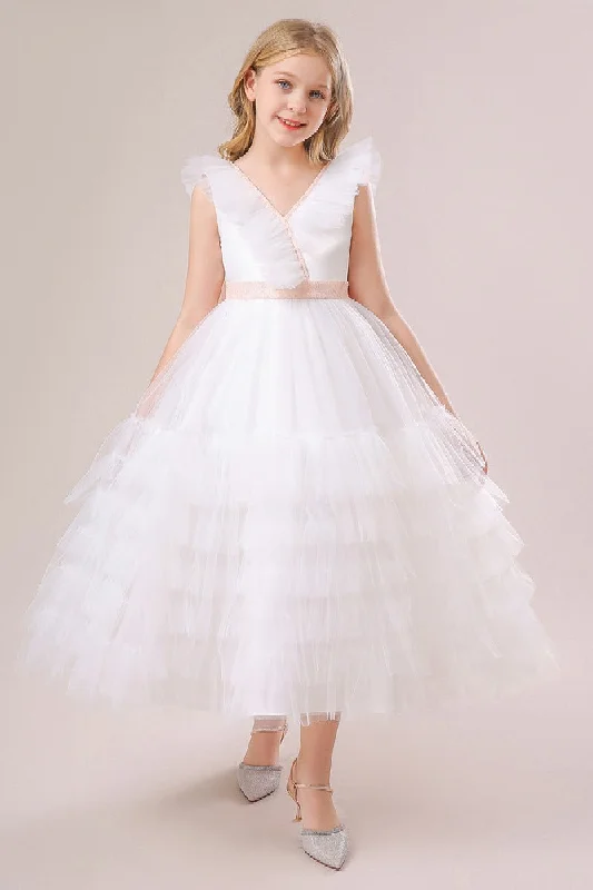 Mini Dresses for Youthful Look -A-line/Princess V Neck Ankle Length  Tulle Flower Girl Dress 749446713431