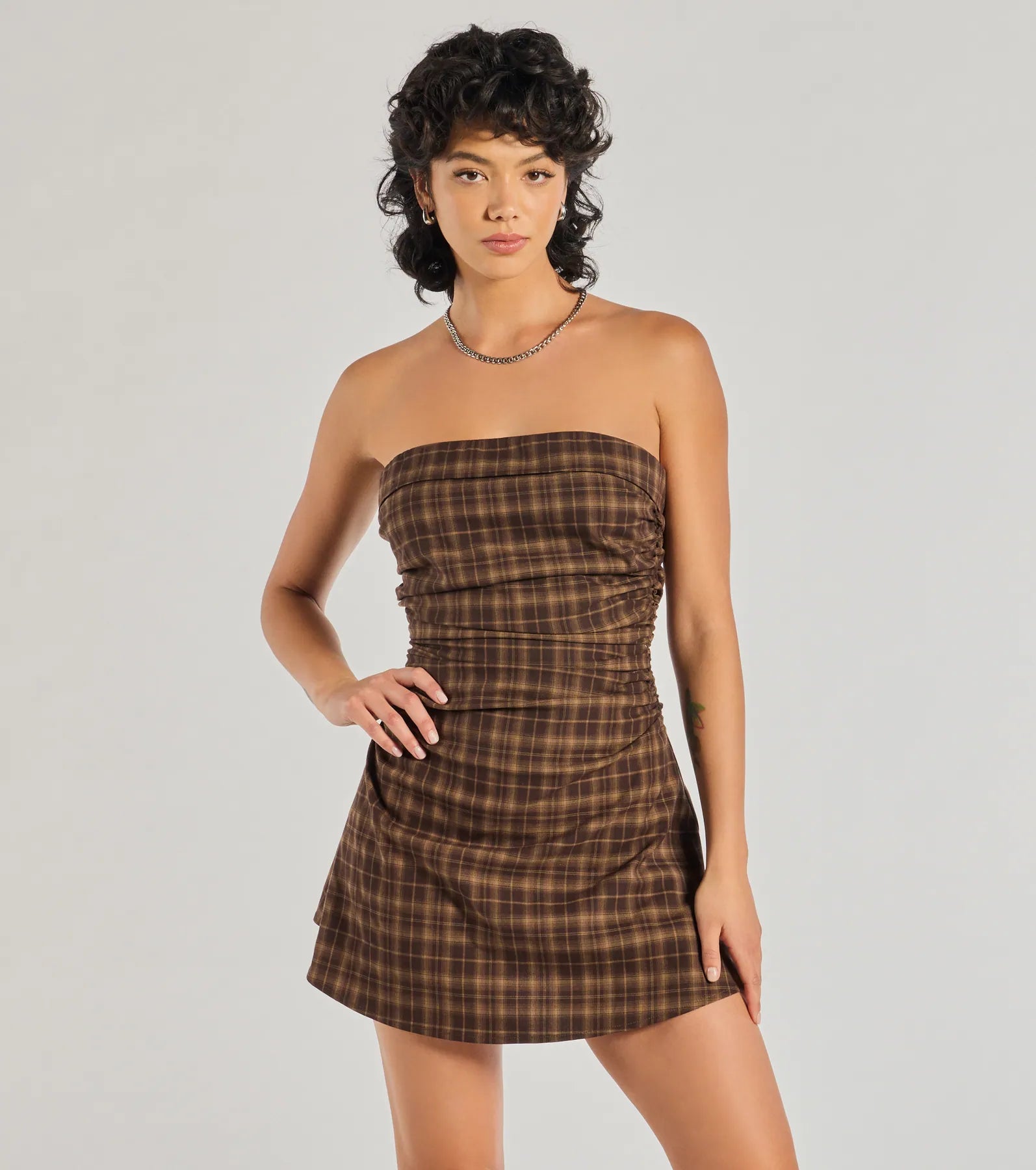 Denim Dresses for Casual Style -Cute In Plaid Strapless Plaid A-Line Mini Dress