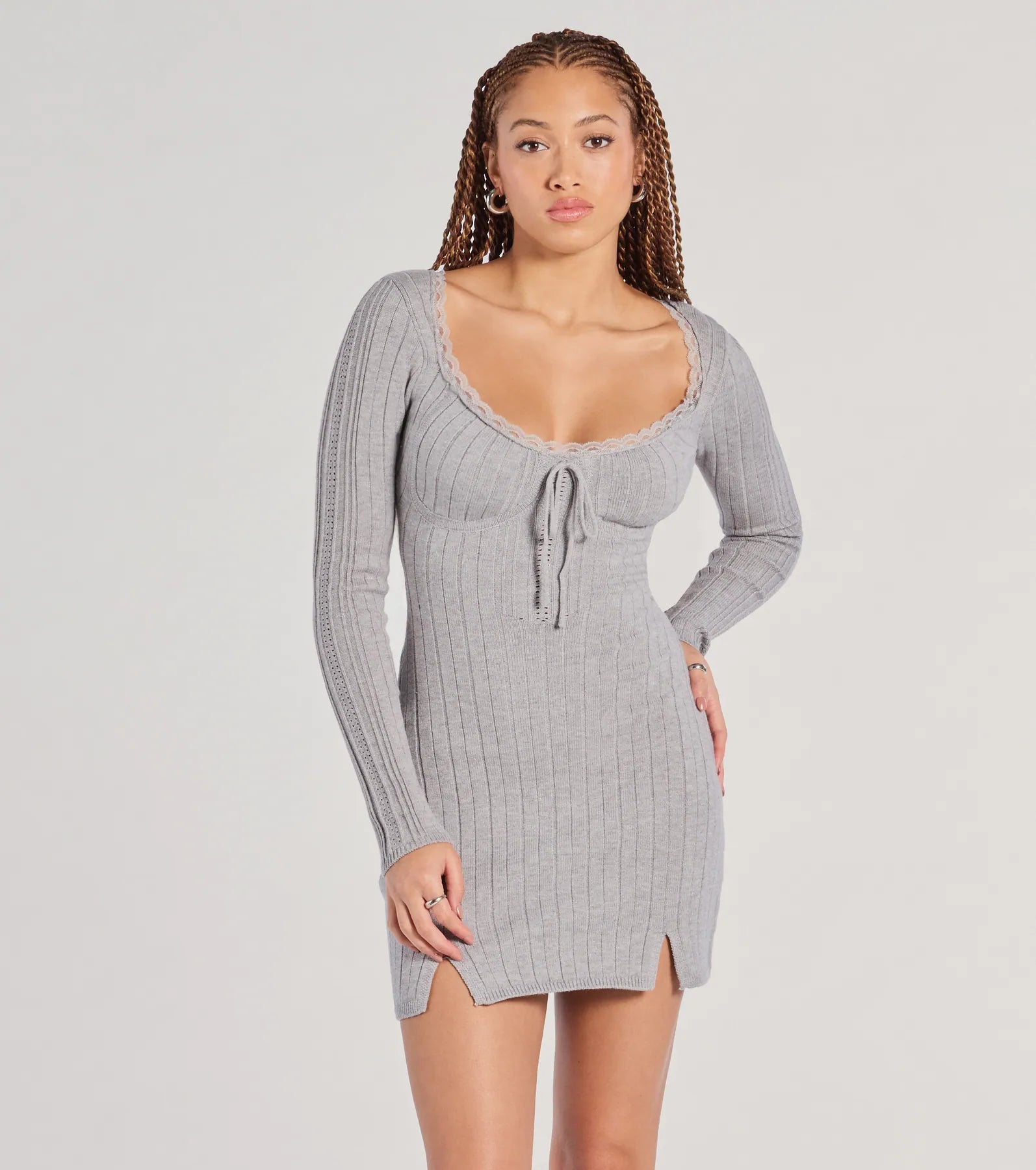 Wrap Dresses for Adjustable -Such A Flirt Lace Trim Scoop Neck Knit Mini Dress