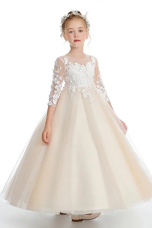 Strapless Dresses for Glamorous -A-Line Lace Tulle Ankle-Length Flower Girl Dresses With Bow 760444365083