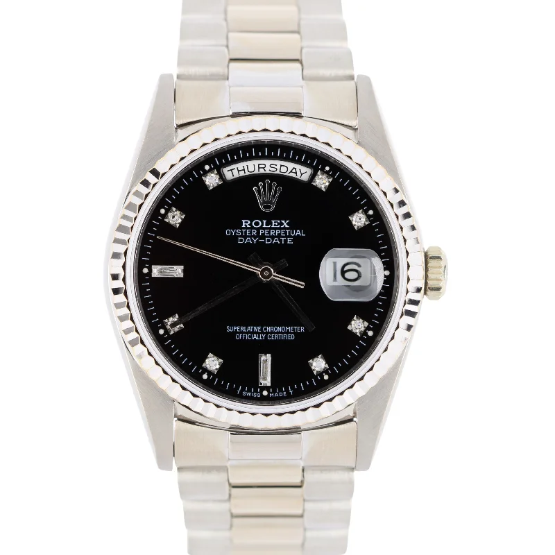 Large-face watches for women with bold design and statement style -Rolex Day-Date President 18k White Gold Black DIAMOND 36mm Fluted 18239 Watch