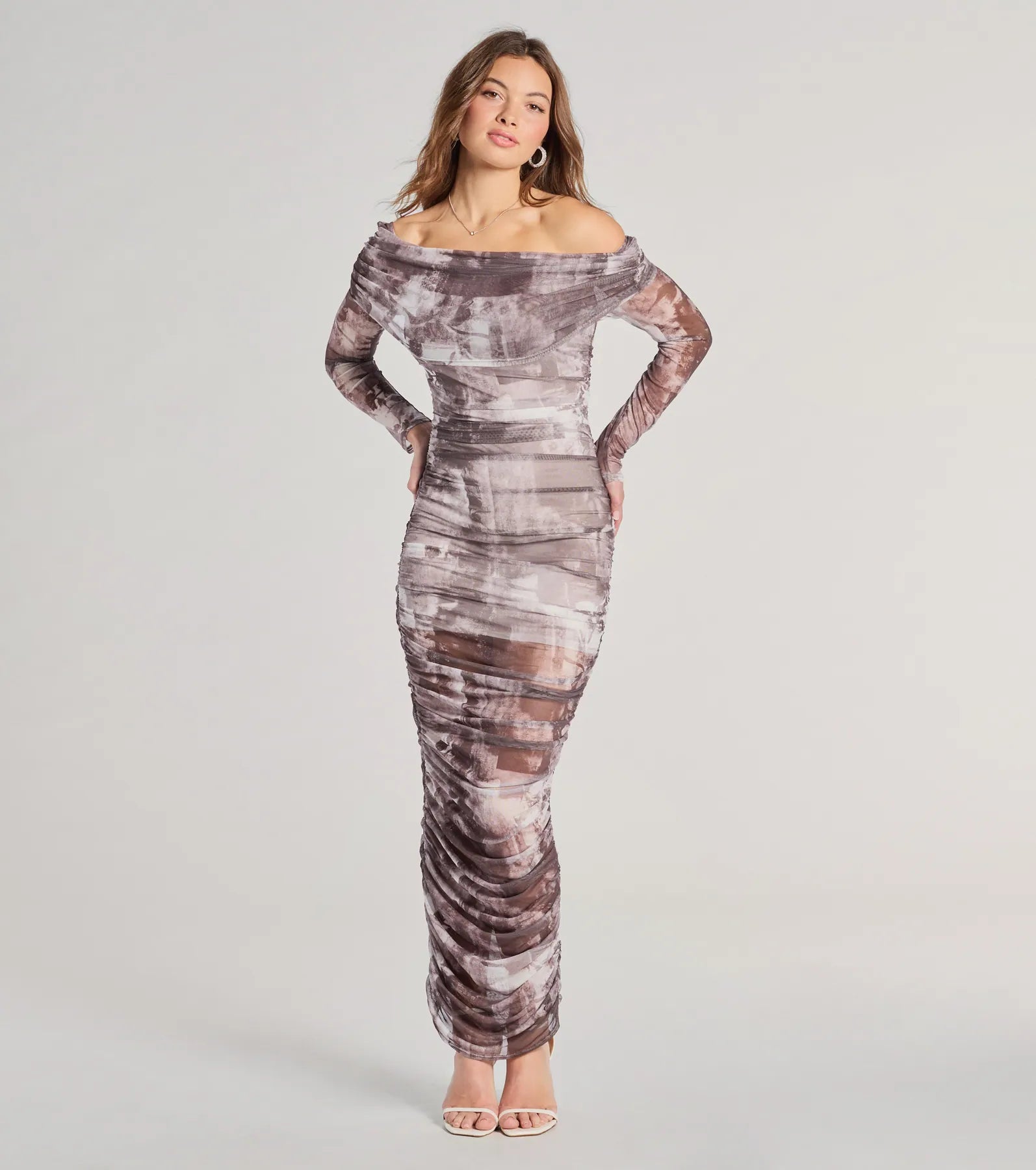 Polyester Dresses for Durable -Uptown Doll Off-The-Shoulder Abstract Maxi Dress