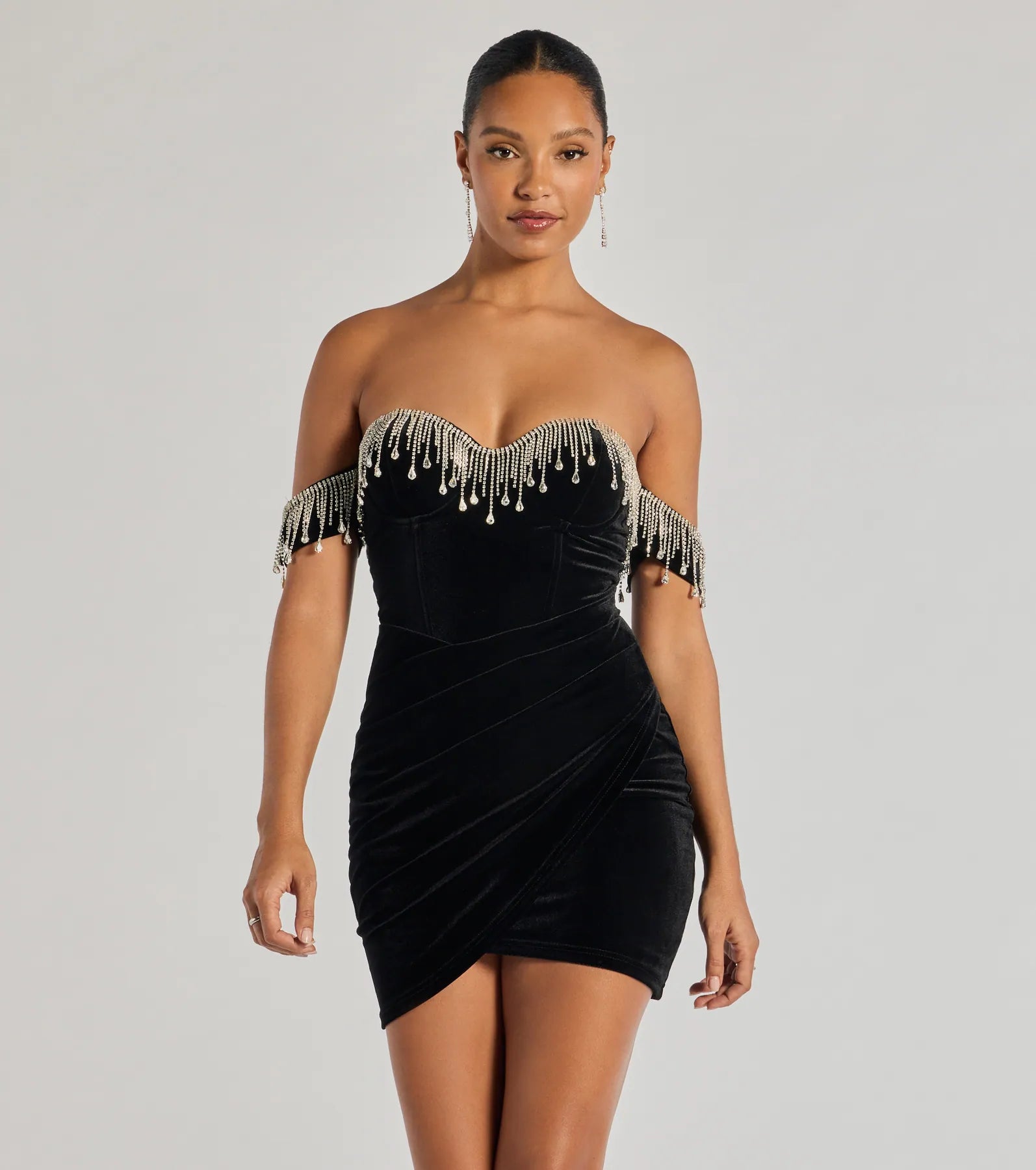 Tiered Dresses for Voluminous -Janie Strapless Rhinestone Fringe Velvet Mini Dress