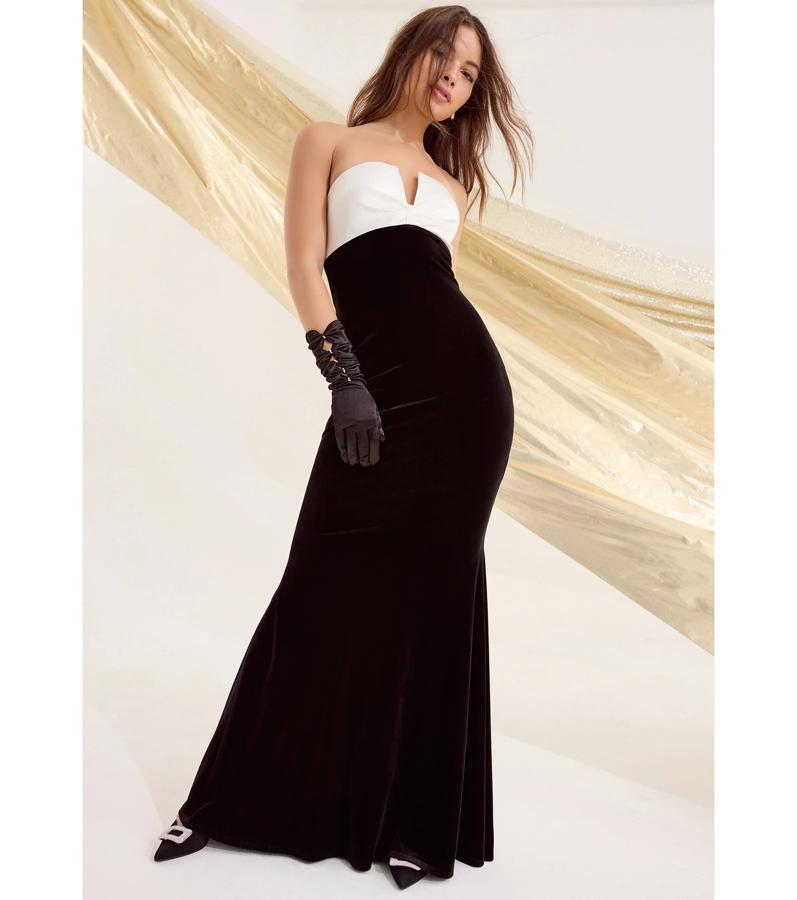 Striped Dresses for Fashionable -Marnie Strapless Satin Bow Velvet Column Formal Dress