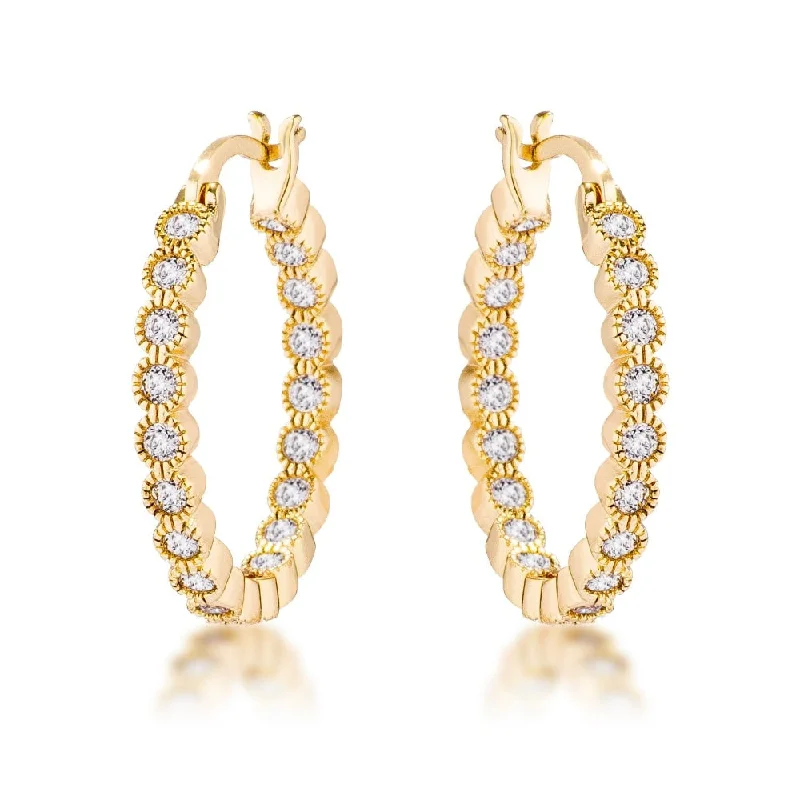 Studded Drop Earrings with Gemstones -Gold Plated Dotted Clear Cz Round Bezel Hoop Earrings - 23.7mm x 2.8mm x 2.4mm