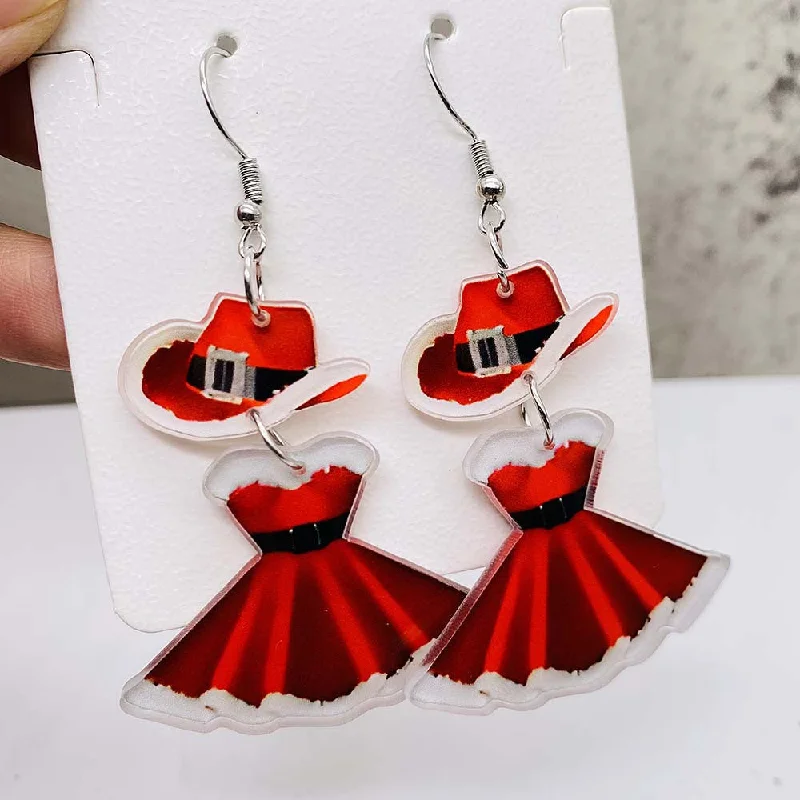 Leather Dresses for Luxury -Wholesale Christmas Cute Princess Dress Western Denim Santa Hat Acrylic Earrings