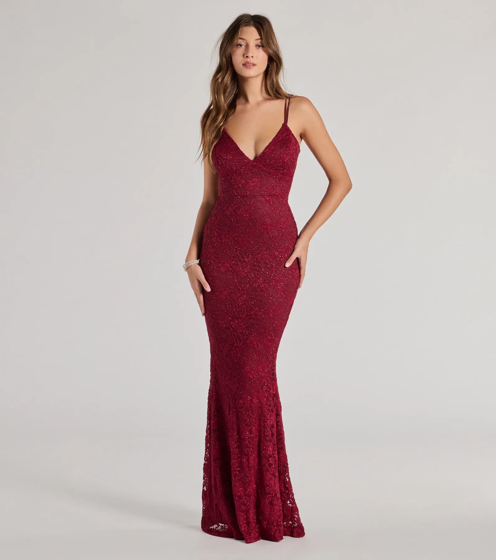 High-waisted Dresses for Flatter -Briella Glitter Lace Cross-Back Mermaid Dress