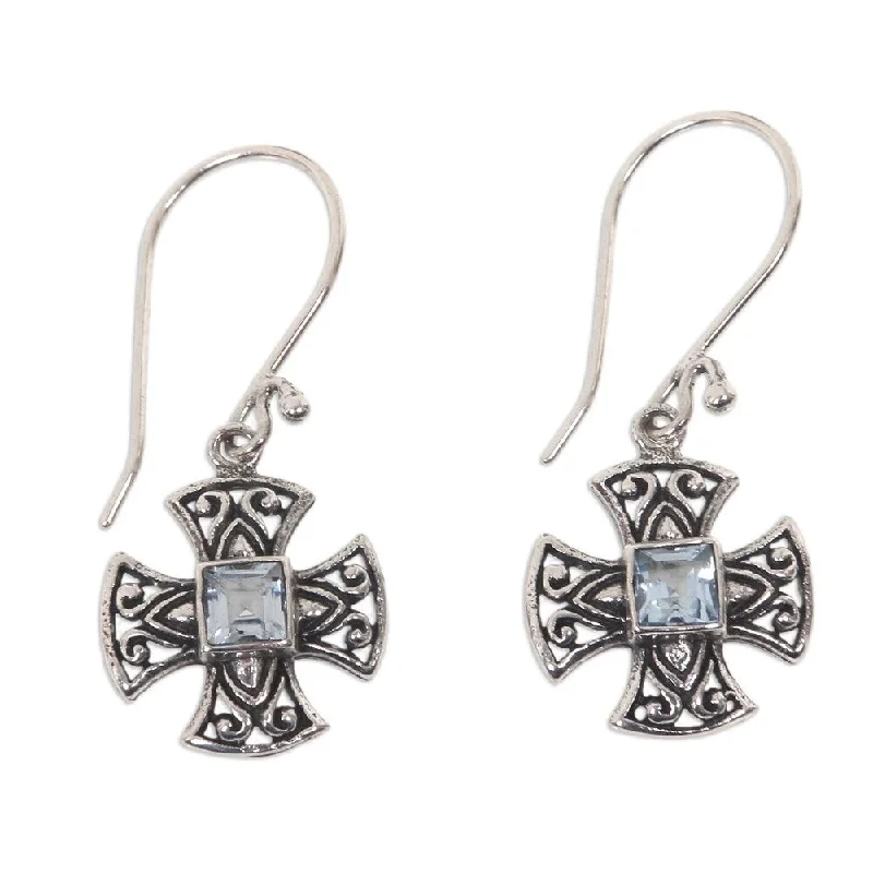 Small Drop Earrings for Delicate -Sterling Silver 'Cross Pattee' Blue Topaz Earrings - 1.3*0.6