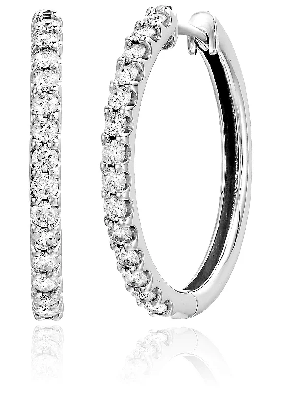 Drop Earrings for Yoga Session -1 cttw Lab Grown Diamond Hoop Earrings 10K White Gold Round Prong Set 1 Inch