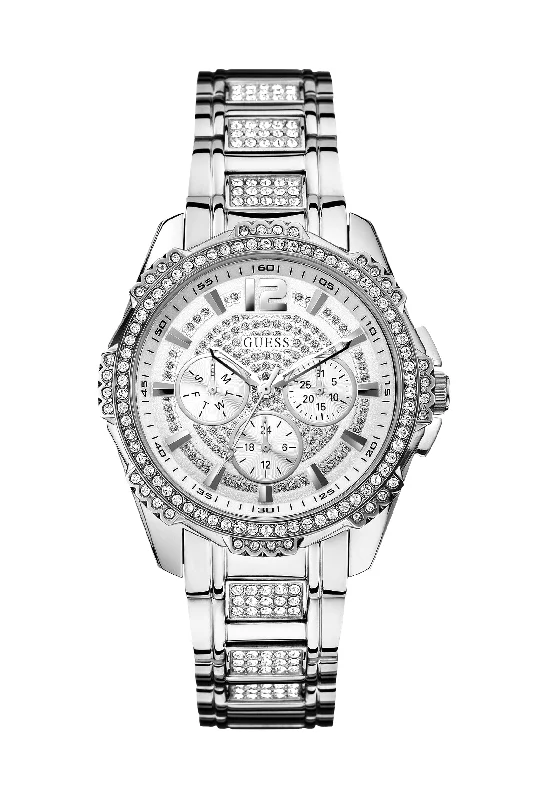 Solar-powered sport watches for men with long battery life and durable material -Silver-Tone Multifunction Crystal Watch