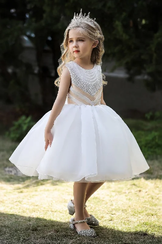 Halter Dresses for Chic Style -Ball-Gown Scoop Neck Sleeveless Satin/Tulle Flower Girl Dresses With Bow(s)/Beading 674520604690