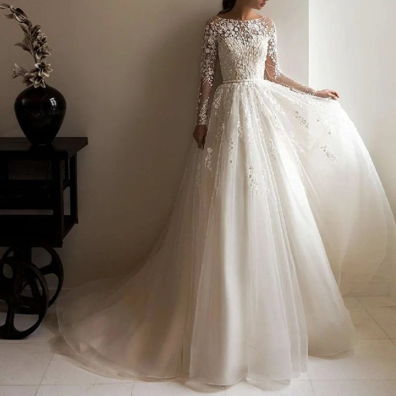 Short-sleeved Dresses for Summer -Wedding Dress Off-shoulder Long Sleeve Bride