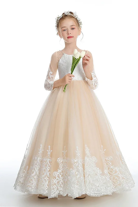 Off-shoulder Dresses for Feminine -Ball-Gown/Princess Lace Tulle Sweep Floor Length Flower Girl Dresses Pageant Dresses With Bow 760441981255