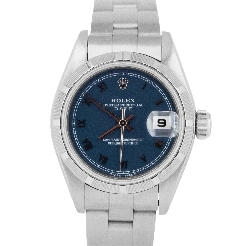 Elegant watches for women with crystal embellishments and refined design -PAPERS Rolex Oyster Perpetual Date BLUE 26mm Engine-Turned Steel Watch 69190 BOX