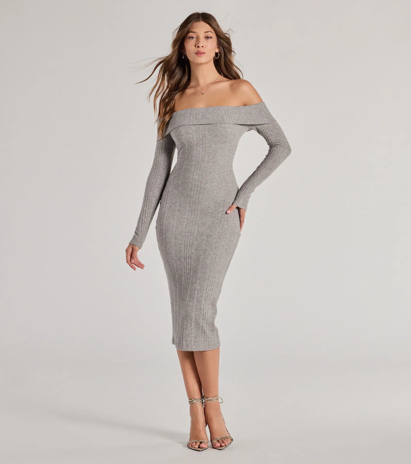 Long-sleeved Dresses for Coverage -Perfect Curves Ribbed Knit Off-The-Shoulder Midi Dress