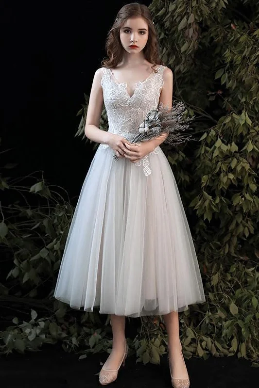 Beaded Dresses for Glamour -A-Line Tea Length Lace Tulle Wedding Dress 679197245061