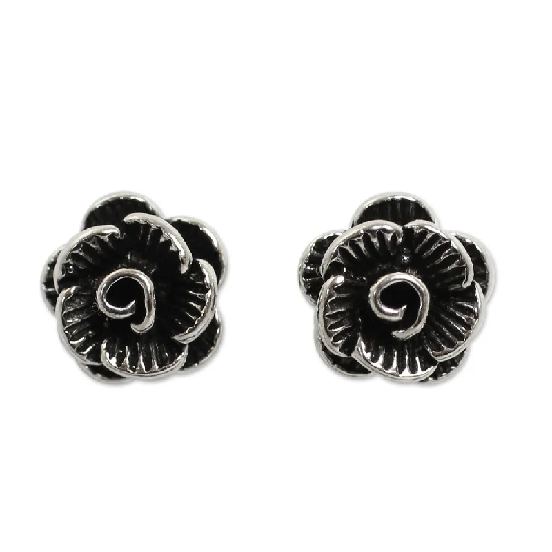 Drop Earrings with Abstract Designs -Sterling Silver 'Thai Peony' Earrings (Thailand)