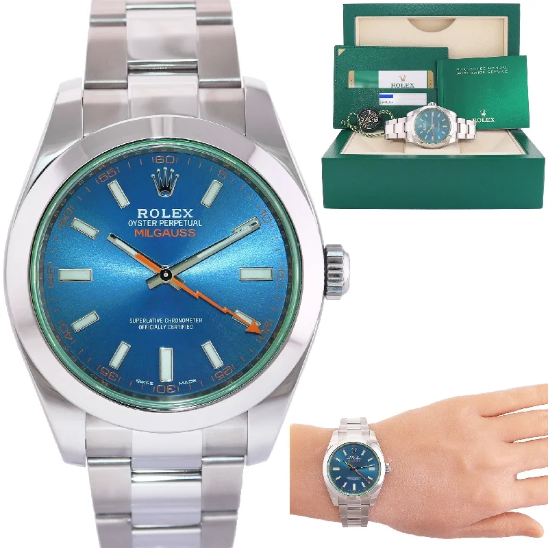 Vintage gold watches for men with classic design and antique feel -2018 MINT PAPERS Rolex Milgauss Blue Anniversary Green 116400GV Steel Watch Box