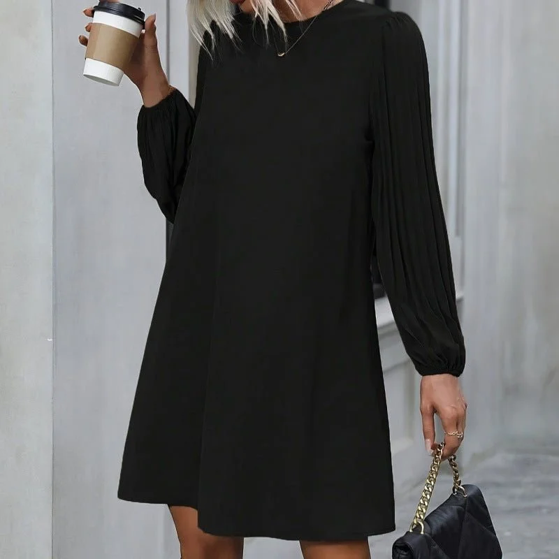 Geometric Dresses for Modern -Solid Color Simple Round-neck Long-sleeved Dress