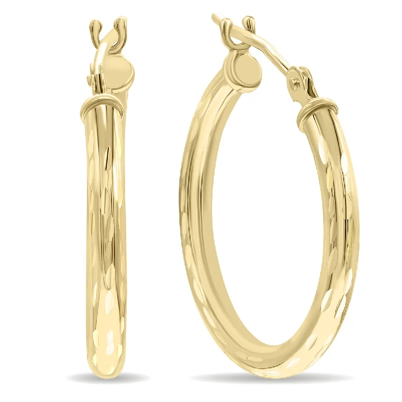 Drop Earrings with Chevron Designs -10K Yellow Gold Shiny Diamond Cut Engraved Hoop Earrings 20Mm