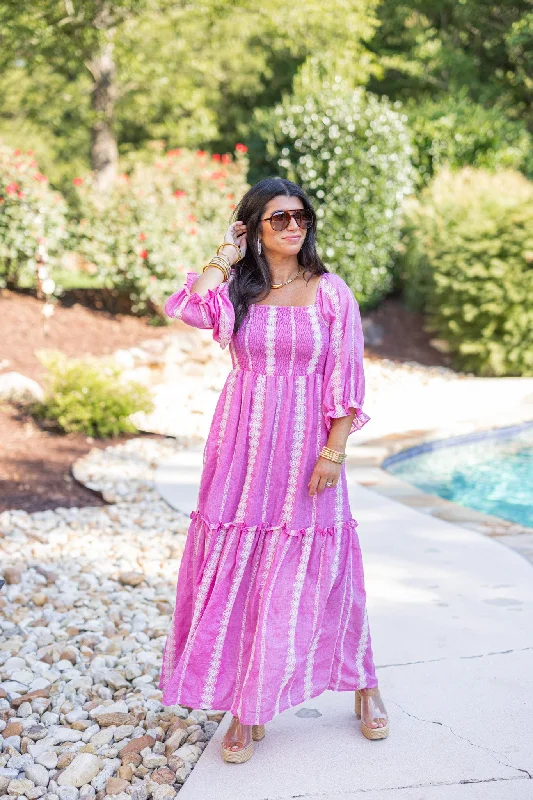 Buttoned Dresses for Stylish -Boho Charm Pink Maxi Dress