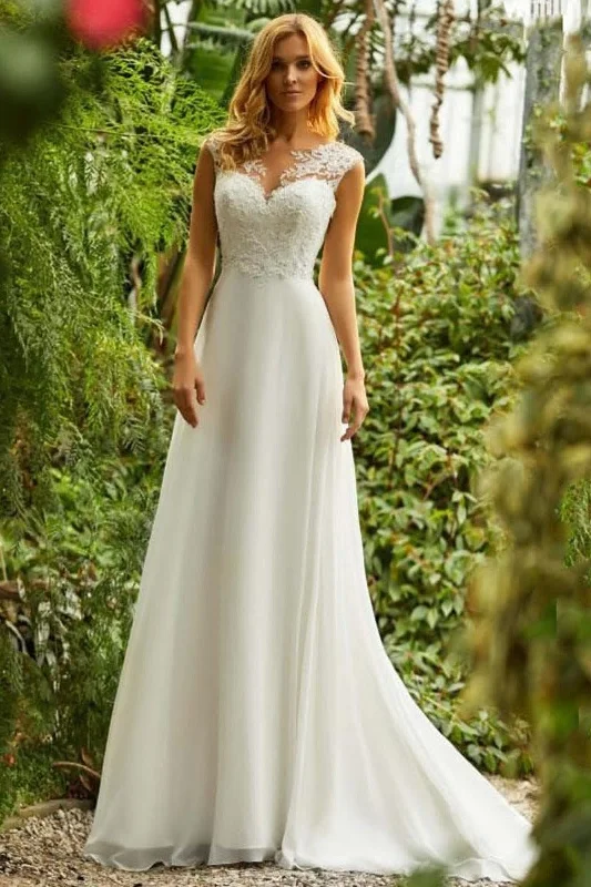 Maxi Dresses for Elegant Style -A-Line Sweep-Brush Train Lace Chiffon Wedding Dress 731359582005