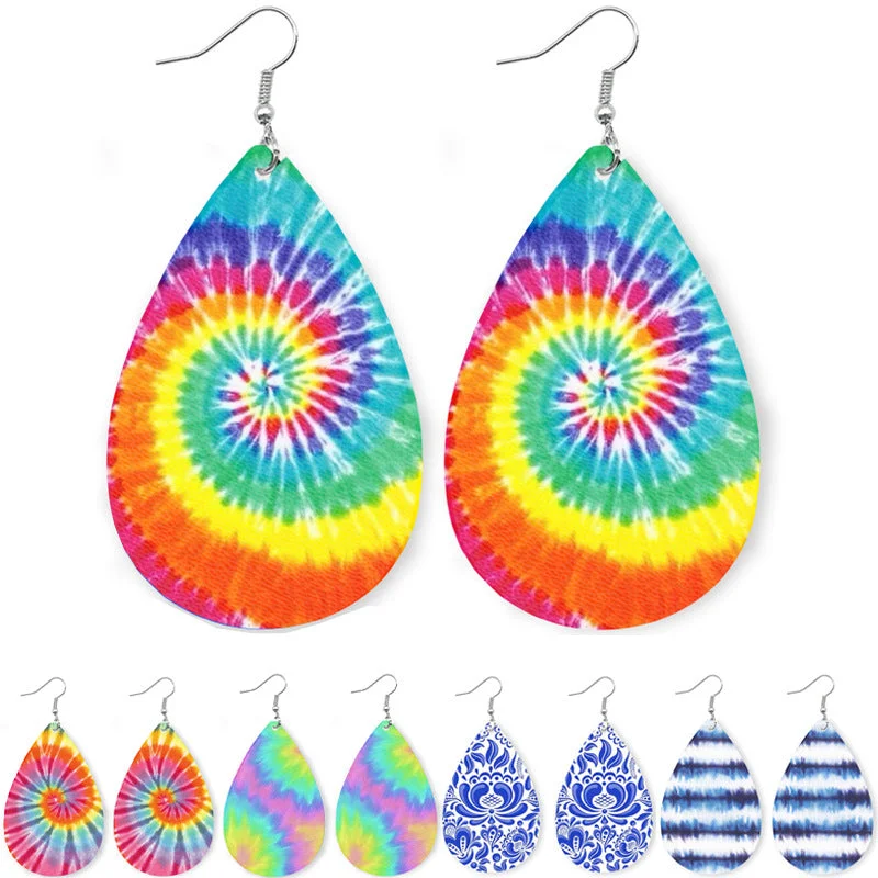 Drop Earrings for Wedding Ceremony -Wholesale 2 pairs/pack Blue and White Porcelain Tie-Dye Leather Earrings