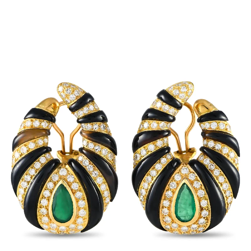 Vintage Drop Earrings with Patina -LB Exclusive 18K Yellow Gold 3.50ct Diamond, Emerald, and Onyx Earrings MF07-120524