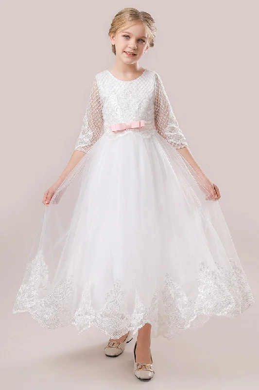 Midi Dresses for Versatile Wear -A-Line Scoop Neck 3/4 Length Sleeve Lace/Tulle Flower Girl Dresses 720237891676